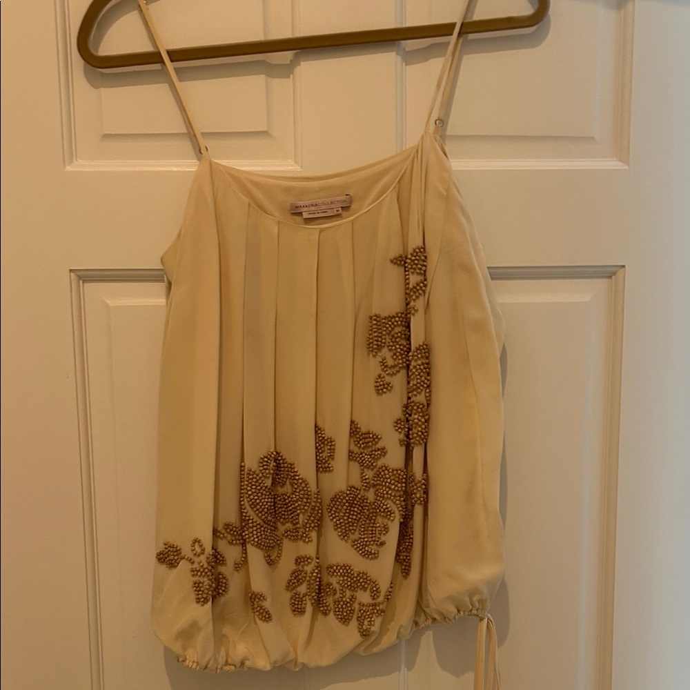 BCBGMaxAzria Cream and Brown Floral Embellished Blouse